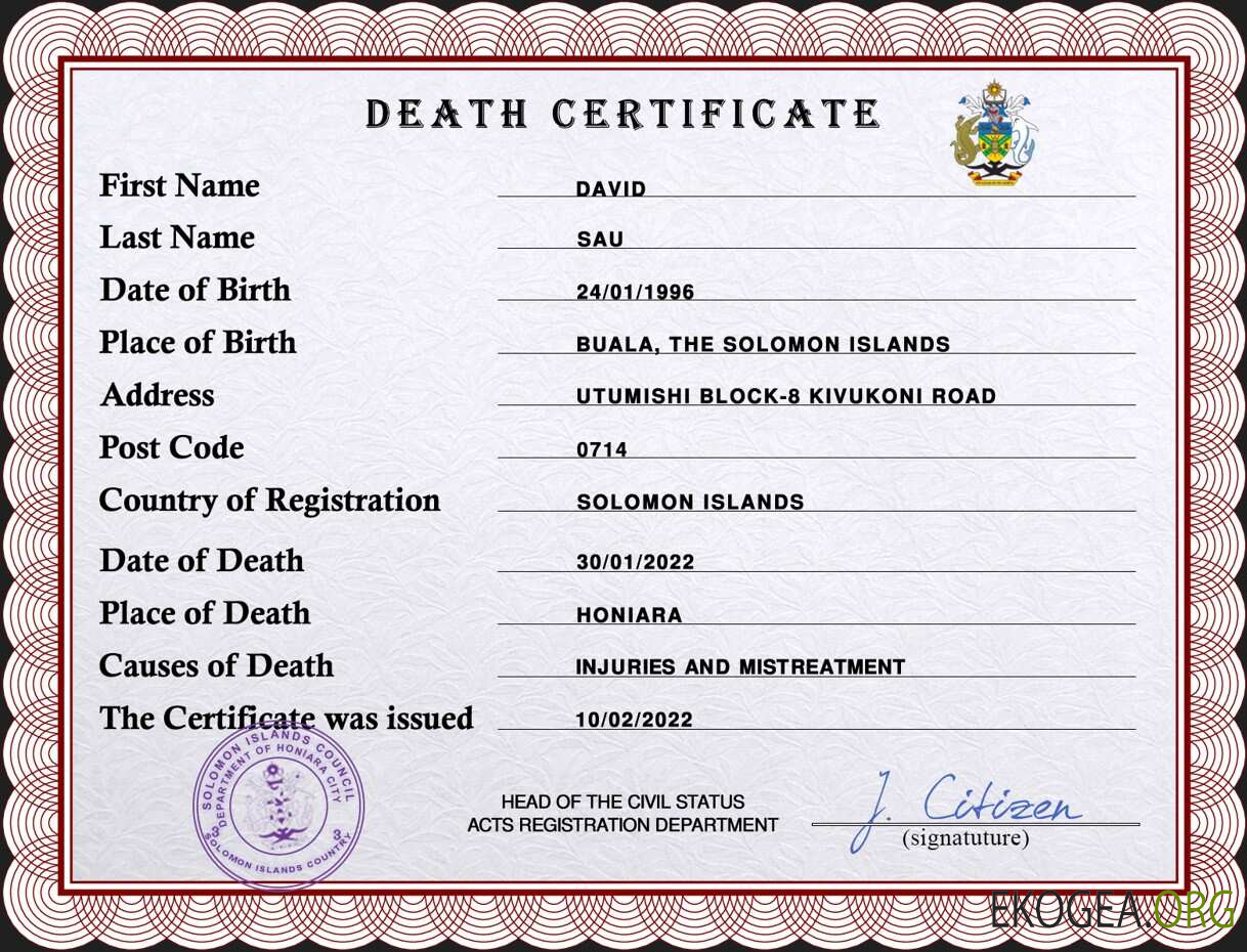 Modèle PSD de certificat de décès de l'état civil de Salomon